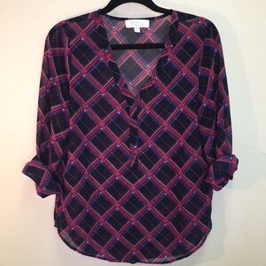 Olive & Oak Plaid Long Sleeve Semi-Sheer‎ Blouse